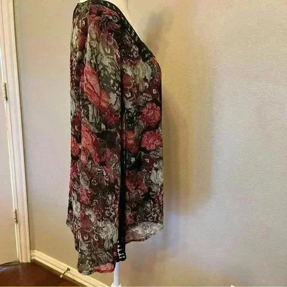 American Glamour Badgley Mischka Black Floral Long Sleeve Blouse Size Large - Picture 9 of 13